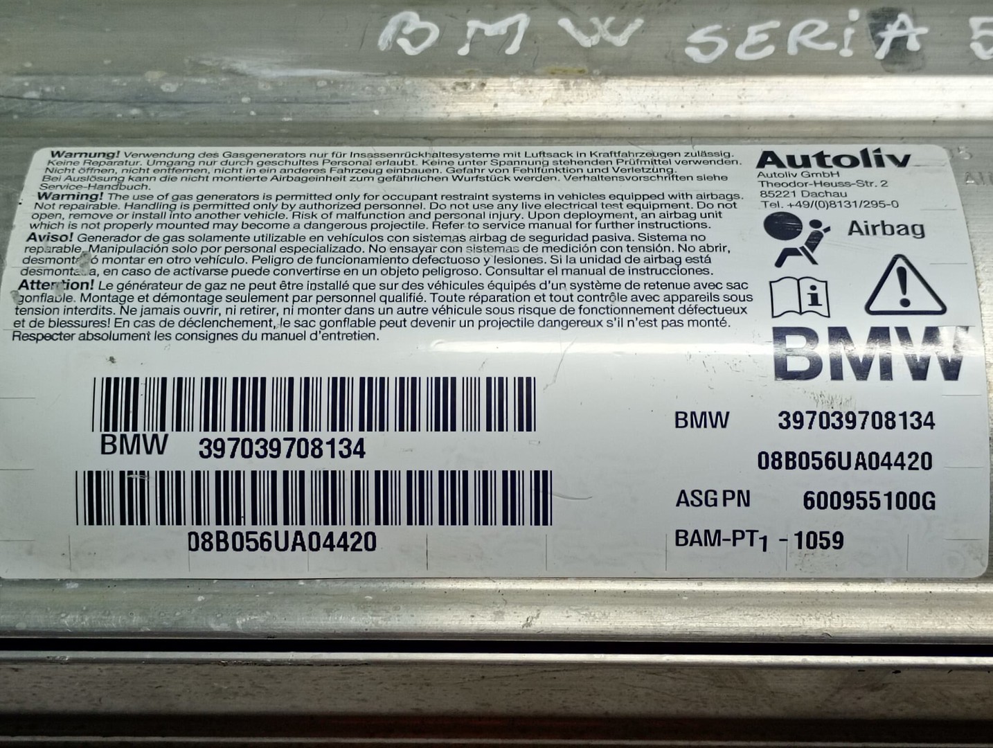 Airbag pasager 397039708134 BMW Seria 5 E60/E61 (2003 - 2007)